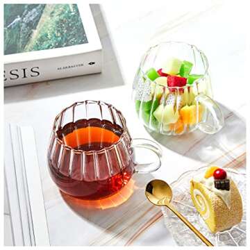 Zubebe Vintage Glass Coffee Mugs Set of 2 14 oz Vertical Stripes Glass Cappuccino Mugs with Spoons Clear Ribbed Glass Cups with Handle Tea Latte Cup for Espresso Drinking Glassware Beverage Birthday