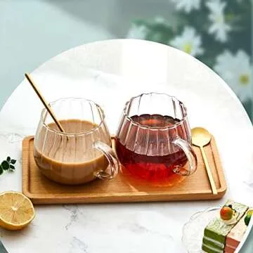 Zubebe Vintage Glass Coffee Mugs Set of 2 14 oz Vertical Stripes Glass Cappuccino Mugs with Spoons Clear Ribbed Glass Cups with Handle Tea Latte Cup for Espresso Drinking Glassware Beverage Birthday