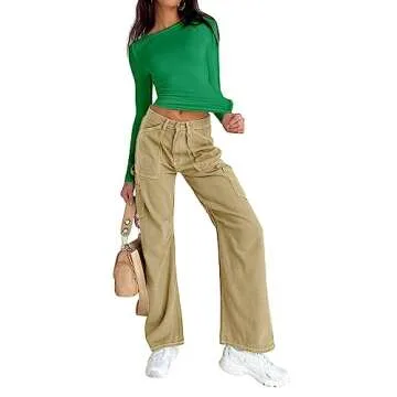 Abardsion Women's Casual Basic Going Out Crop Tops Slim Fit Long Sleeve Crew Neck Tight T Shirts (Green, S)