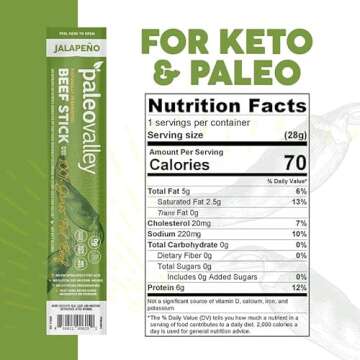 Paleovalley 100% Grass Fed Jalapeno Beef Sticks - Gluten Free High Protein Snack for Keto Diet