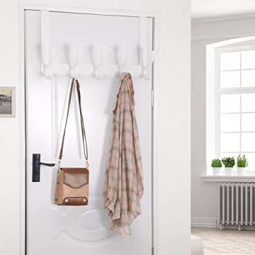 SKOLOO Over The Door Hook - 5 Hooks, Over Door Hook Hanger for Hanging Clothes/Towels/Coats/Backpack/Hat, Over Door Coat Rack(White)