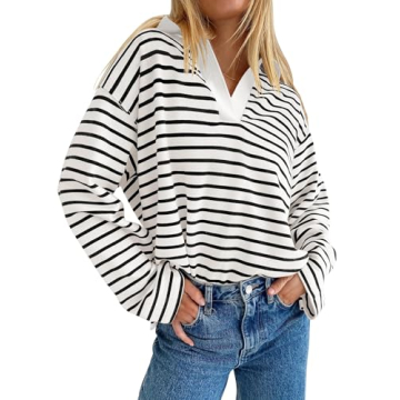 ZESICA Womens Striped Long Sleeve Tops Oversized Sweatshirt V Neck Loose Fit Tunic Tops Spring Casua...