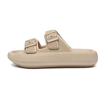 Athlefit Women's Cloud Slides Adjustable Double Buckle Thick Sole Pillow Slippers Eva Sandals Khaki Size 8
