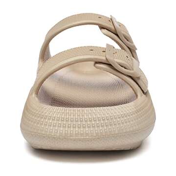 Athlefit Women's Cloud Slides Adjustable Double Buckle Thick Sole Pillow Slippers Eva Sandals Khaki Size 8