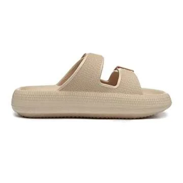 Athlefit Women's Cloud Slides Adjustable Double Buckle Thick Sole Pillow Slippers Eva Sandals Khaki Size 8