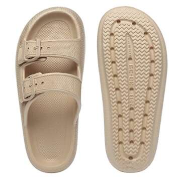 Athlefit Women's Cloud Slides Adjustable Double Buckle Thick Sole Pillow Slippers Eva Sandals Khaki Size 8