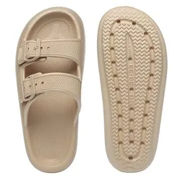 Athlefit Women's Cloud Slides Adjustable Double Buckle Thick Sole Pillow Slippers Eva Sandals Khaki Size 8