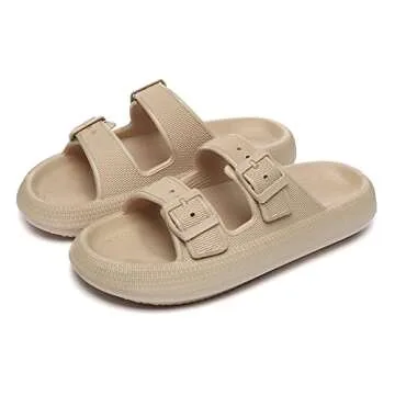 Athlefit Women's Cloud Slides Adjustable Double Buckle Thick Sole Pillow Slippers Eva Sandals Khaki Size 8