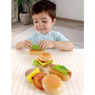 Hape Wooden Hamburger and Hot Dogs | Pretend Play Fast Food Set for Toddlers Age 3Y+