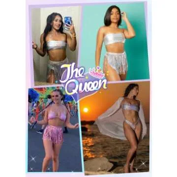 Rave Outfits for Women - EDC Festival Metallic Holographic Bodysuit Bandeau Top Sequin Tassels Skirt 3 Pcs Bikini(Silver,XL,1005e)