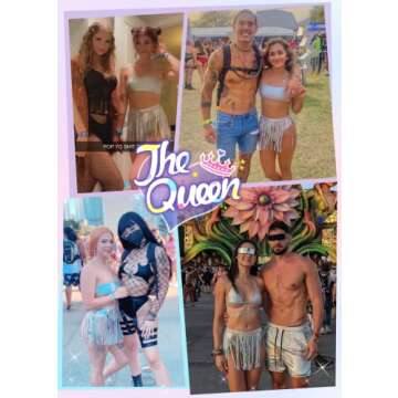 Rave Outfits for Women - EDC Festival Metallic Holographic Bodysuit Bandeau Top Sequin Tassels Skirt 3 Pcs Bikini(Silver,XL,1005e)