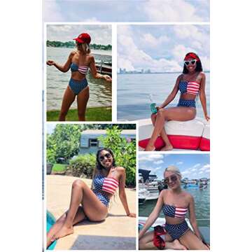 VamJump Women Bandeau High Cut Bikini Set 2 Pieces Swimsuit American Flag Print S