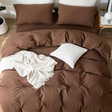 MooMee Bedding Duvet Cover Set 100% Washed Cotton Linen Like Textured Breathable Durable Soft Comfy (Cocoa Brown, King)