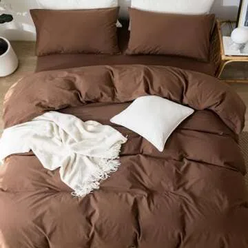 MooMee Bedding Duvet Cover Set 100% Washed Cotton Linen Like Textured Breathable Durable Soft Comfy (Cocoa Brown, King)