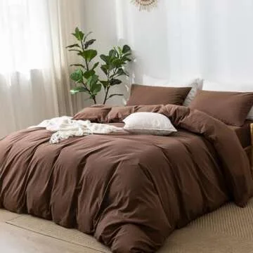 MooMee Bedding Duvet Cover Set 100% Washed Cotton Linen Like Textured Breathable Durable Soft Comfy (Cocoa Brown, King)