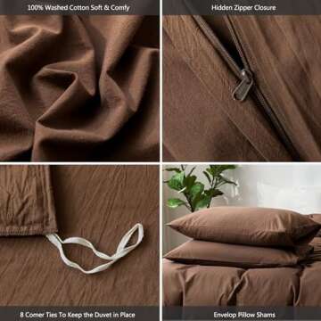 MooMee Bedding Duvet Cover Set 100% Washed Cotton Linen Like Textured Breathable Durable Soft Comfy (Cocoa Brown, King)