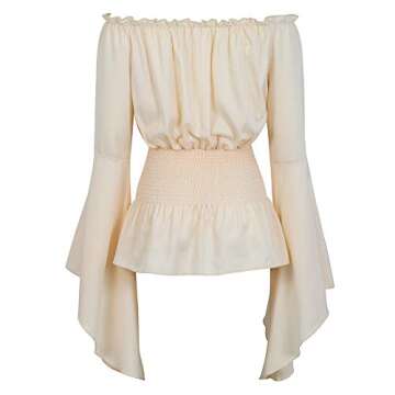 Frawirshau Beige Off-Shoulder Renaissance Pirate Blouse, Women's Steampunk Peasant Top, Size S
