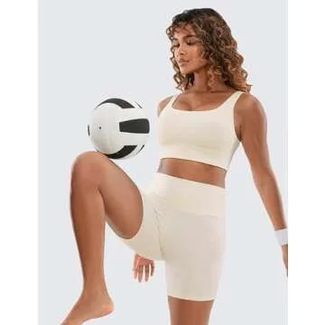 CRZ YOGA Butterluxe Womens U Back Sports Bra - Scoop Neck Padded Low Impact Yoga Clothes Workout Crop Top with Built in Pads White Apricot X-Small