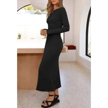 MEROKEETY Women's 2024 Long Sleeve Bodycon Sweater Dress Fall Crew Neck Ribbed Knit Maxi Dresses, Black, M