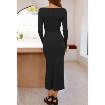 MEROKEETY Women's 2024 Long Sleeve Bodycon Sweater Dress Fall Crew Neck Ribbed Knit Maxi Dresses, Black, M