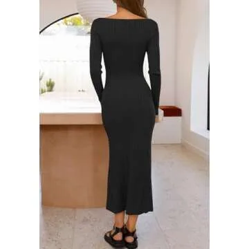 MEROKEETY Women's 2024 Long Sleeve Bodycon Sweater Dress Fall Crew Neck Ribbed Knit Maxi Dresses, Black, M