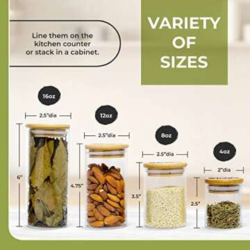 Glass Jars with Bamboo Lids - Variety Pack of Unique Sizes - Bamboo Spice Jars Set with Airtight Lids - Clear Glass Jar with Wood Lid for To Easily Identify Ingredients - Stackable Storage Containers
