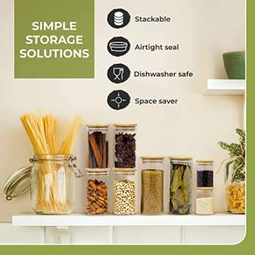 Glass Jars with Bamboo Lids - Variety Pack of Unique Sizes - Bamboo Spice Jars Set with Airtight Lids - Clear Glass Jar with Wood Lid for To Easily Identify Ingredients - Stackable Storage Containers