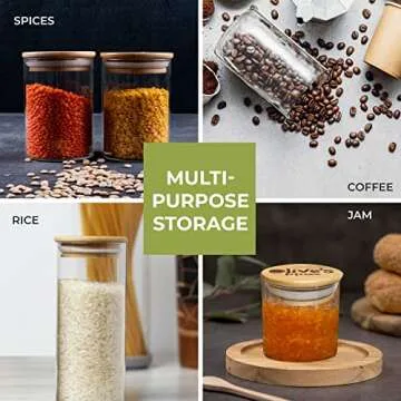 Glass Jars with Bamboo Lids - Variety Pack of Unique Sizes - Bamboo Spice Jars Set with Airtight Lids - Clear Glass Jar with Wood Lid for To Easily Identify Ingredients - Stackable Storage Containers
