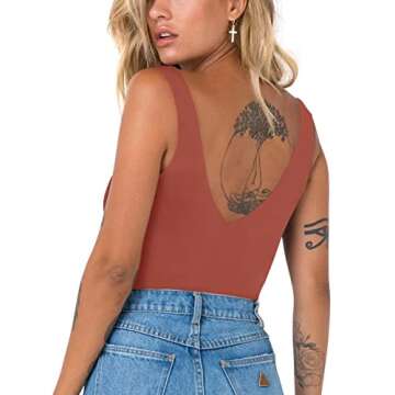 REORIA Women's Summer Sexy Plunge Deep V Neck Sleeveless Double Lined One Piece Tank Tops Thong Bodysuits Leotards for Going Out Rusty Red Small