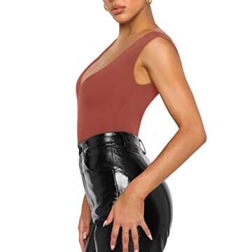 REORIA Women's Summer Sexy Plunge Deep V Neck Sleeveless Double Lined One Piece Tank Tops Thong Bodysuits Leotards for Going Out Rusty Red Small
