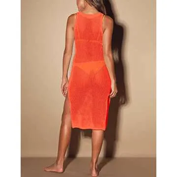 Bsubseach Sexy See Through Swimsuit Cover Ups for Women Hollow Out Crochet Long Side Split Beach Wear Dress Orange