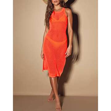 Bsubseach Sexy See Through Swimsuit Cover Ups for Women Hollow Out Crochet Long Side Split Beach Wear Dress Orange