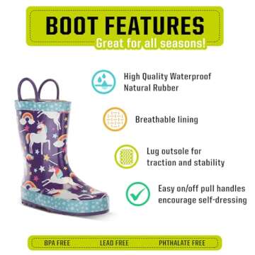 Western Chief Kids Girls' Waterproof Printed Rain Boot with Easy Pull on Handles, UNICORN dreams, 1 ...