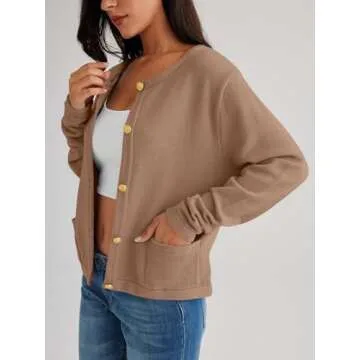 EFAN Womens Cropped Cardigan Sweaters 2024 Fall Trendy Lightweight Knit Tweed Blazer Jackets Dressy Casual Fashion Cashmere Outfits Cute Clothes Khaki L