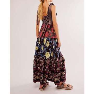 ABYOVRT Women Floral Maxi Dress Sleeveless Tie Shoulder Bohemian Flowy Smocked Dresses Casual Summer Sundress with Pockets