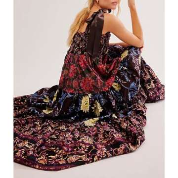 ABYOVRT Women Floral Maxi Dress Sleeveless Tie Shoulder Bohemian Flowy Smocked Dresses Casual Summer Sundress with Pockets