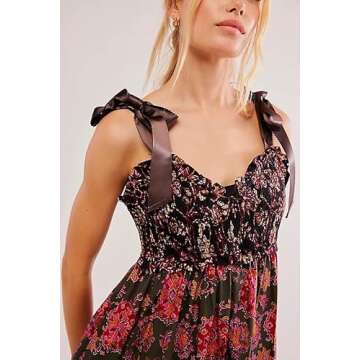 ABYOVRT Women Floral Maxi Dress Sleeveless Tie Shoulder Bohemian Flowy Smocked Dresses Casual Summer Sundress with Pockets