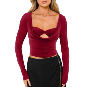 CSDAJIO Women's Sexy Draped Cowl Neck Long Sleeve Cut Out T Shirt Low Cut Fitted Top Ruched Going Ou...