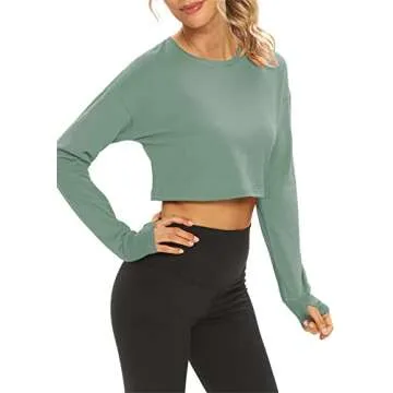 Mippo Cropped Long Sleeve Workout Tops Athletic Gym Active Wear Loose Crop Shirts Sweaters Oversized Tshirts Gray Green XL