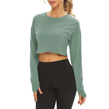 Mippo Cropped Long Sleeve Workout Tops Athletic Gym Active Wear Loose Crop Shirts Sweaters Oversized Tshirts Gray Green XL