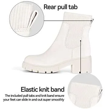 Athlefit Women's White Chelsea Boots Fall Platform Ankle Boots Slip on Chunky Lug Sole Boots