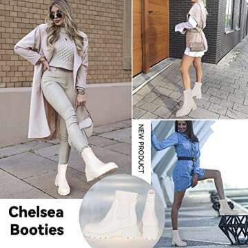 Athlefit Women's White Chelsea Boots Fall Platform Ankle Boots Slip on Chunky Lug Sole Boots