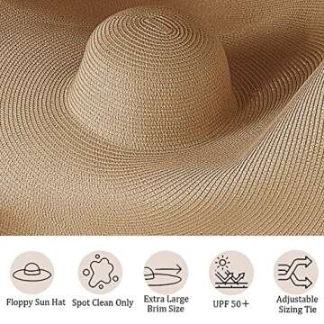 Oversized Beach Straw Hat for Women Large Wide Brim Visor Hats Summer Roll Up Floppy Sun Hat for Beach Cap Foldable Khaki
