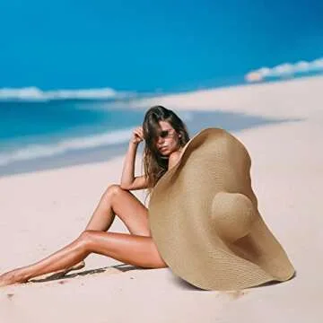 Oversized Beach Straw Hat for Women Large Wide Brim Visor Hats Summer Roll Up Floppy Sun Hat for Beach Cap Foldable Khaki