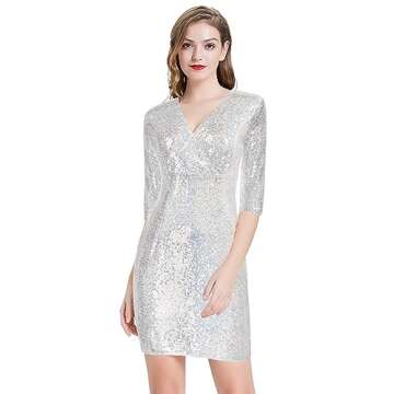 Belle Poque Women's Sequin Sparkle Party Dress V Neck Mini Club Bodycon Dresses Silver White M