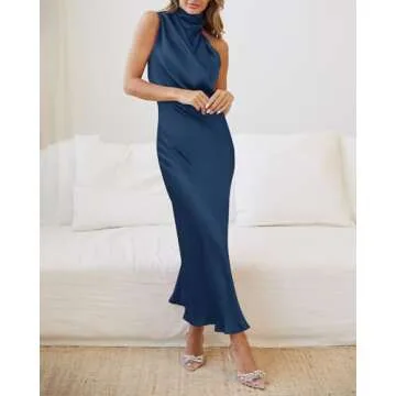 BTFBM Women's Sleeveless Cocktail Dresses Mock Neck Keyhole Elastic High Waist Wedding Guest Evening Party Maxi Dress(Solid Dark Blue, Small)