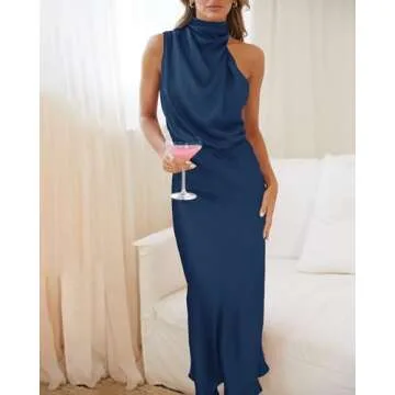 BTFBM Women's Sleeveless Cocktail Dresses Mock Neck Keyhole Elastic High Waist Wedding Guest Evening Party Maxi Dress(Solid Dark Blue, Small)