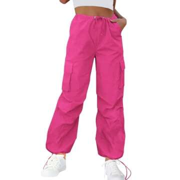 ReachMe Womens Baggy High Waisted Cargo Pants with Pockets y2k Straight Wide Leg Pants Streetwear Fashion Outfits(Hot Pink,L)