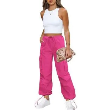 ReachMe Womens Baggy High Waisted Cargo Pants with Pockets y2k Straight Wide Leg Pants Streetwear Fashion Outfits(Hot Pink,L)