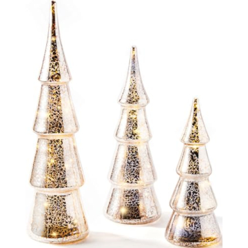 LampLust Mercury Glass Christmas Tree Decoration - Set of 3 Assorted Trees with Fairy Lights, 10 Inc...